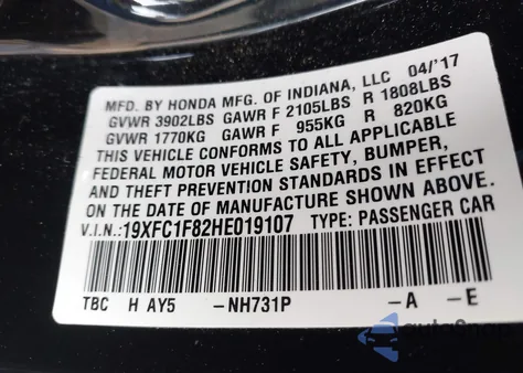 2017 Honda Civic Ex-L z USA, uszkodzony, nr VIN 19XFC1F82HE019107